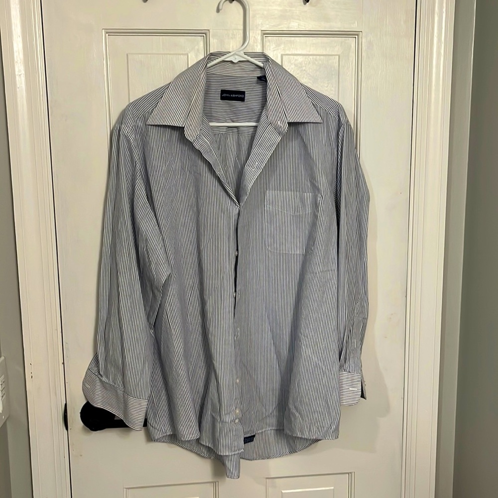 Mens navy & white striped dress shirt - John Ashford - size L - 16.5/32-33
